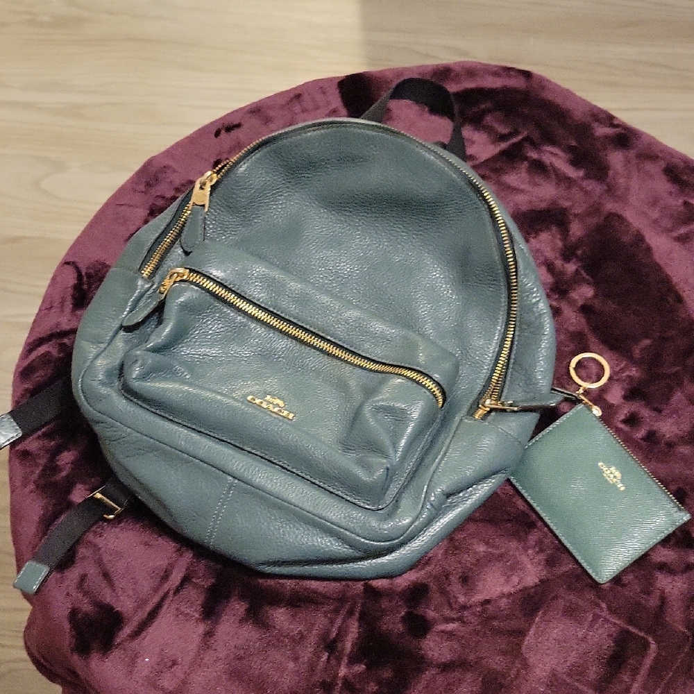 Coach Teal Leather Backpack with Gold Accents